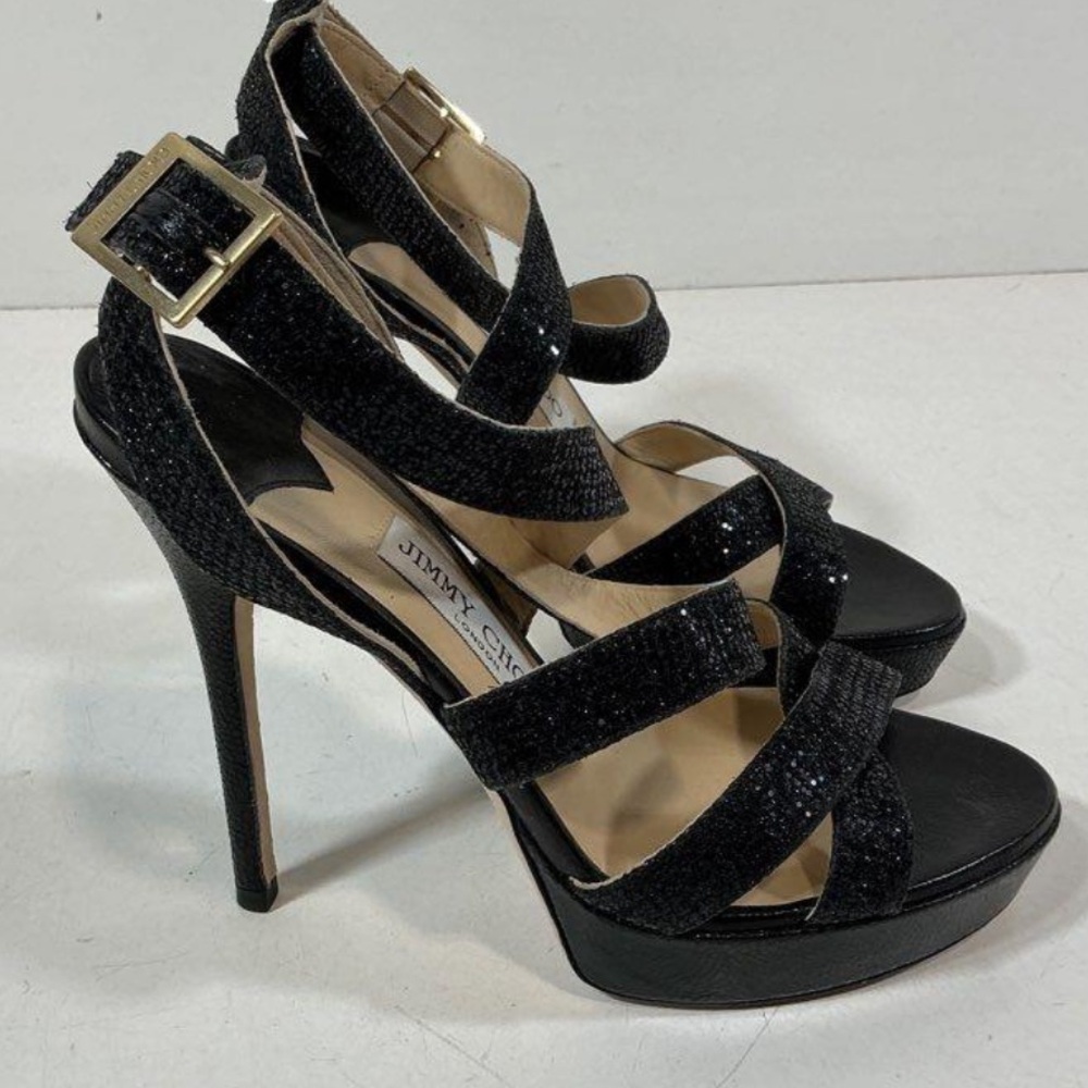 Women’s Jimmy Choo Vamp Black Glitter Strappy Platform Sandals Heels Size 37